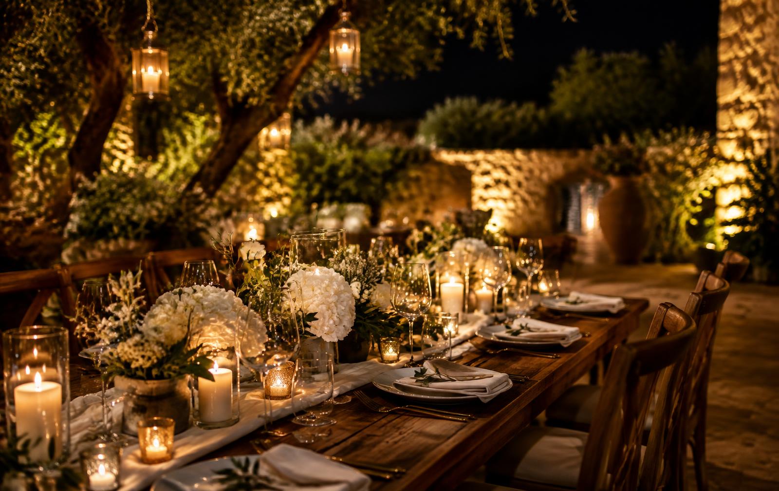 Tavolo elegante per un evento serale con candele: visual di concept