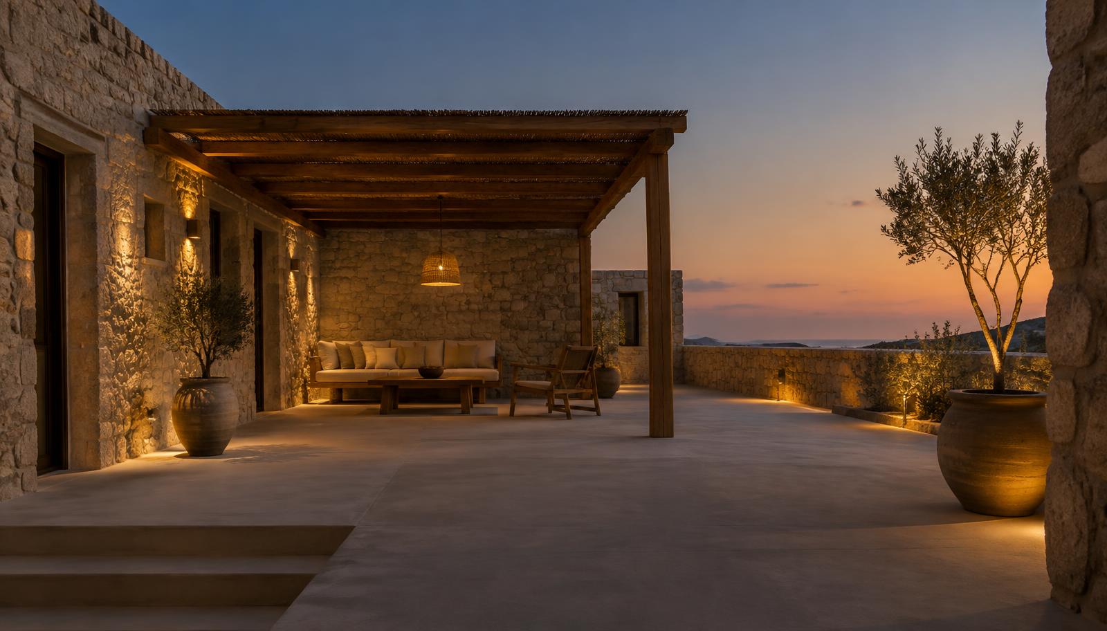 Terrazza all'aperto con pergolato al tramonto: visual di concept